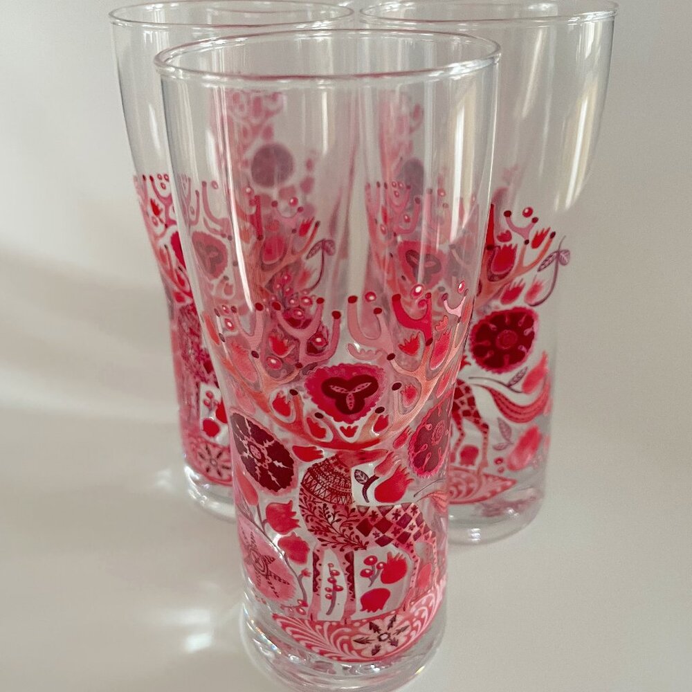 Anthropologie Nordic Sunrise Juice Glass RED DEER - SET of 5 GLASSES